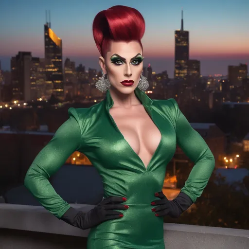 Prompt: A handsome man is dressed up as a Gorgeous muscular 25-year-old Belgian drag queen (strong masculine jawline and brow) with very long dark red tight updo hair in a green outfit and 8 inch stiletto high heel shoes, with a cityscape background, Erlund Hudson, transgressive art, promotional image, a character portrait