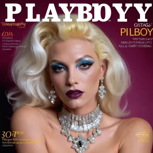 Prompt: (90s "Playboy" Magazine Cover), ethereal and whimsical, (vibrant color scheme), high-fashion editorial style, gorgeous muscular 35-year-old French drag queen model (masculine facial features) with long sassy platinum blonde hair, striking Hazel eyes, dark smoky eyeshadow, enchanting expression, pretty lips, dark lipstick, luxurious glittery details, full-length aesthetic, ultra-detailed, sparkly, glossy finish, captivating photography with dramatic lighting, alluring atmosphere, cosmopolitan elegance, celebrity fashion icon, stylish and classy presentation. Composition focus on full-body. 