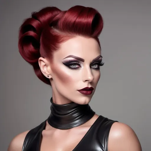 Prompt: Gorgeous ultra-muscular 25-year-old German drag queen bodybuilder with dark red  updo hair and grey eyes.  Dark eye makeup,  dark red lipstick,  8 inch stiletto high heel shoes, She is wearing a fitted mock neck and a flared A-line silhouette that falls just above the knee. Made from a soft, stretchy fabric, it offers comfort and style. The dress comes in a rich emerald green, accented with a subtle black belt at the waist for a polished look. She is at one of the local charity galas.