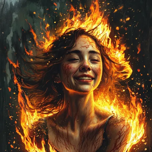 Prompt: Now it's burning her hands
She's turning to laugh
Smiles as the flame sears her flesh
Melting her face, screamin' in pain
Peeling the skin from her eyes
Watch her die according to plan
She's dust on the ground, what did we learn? 