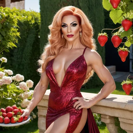 Prompt: Full body length lifelike photo (professional photography) of a gorgeous muscular 35-year-old Greek drag queen model posing on a warm sunny day (ultra-realistic); photoshooting set in a flowered garden (ultra-detailed background, detailed background, realistic background); long flowing strawberry-blonde hair, smoky eyeshadow, black eyeliner, dark red lipstick (ultra-detailed makeup, detailed makeup), (ultra-detailed face, square strong jawline, detailed face, human face), prosperous and enhanced chest (ultra-detailed chest), enhanced figure (ultra-detailed figure, detailed figure, realistic body), delicate hands, with long nails, French manicure (realistic hands, ultra-detailed hands, realistic hands proportion, realistic thumbs, realistic fingers), ((balanced body proportions)); wearing a long colorful dress, with floral motifs (ultra-detailed outfit, detailed outfit, realistic outfit); romanticism photograph, beautiful fantasy painting, elegant cinematic fantasy photography, very beautiful fantasy photography, beautiful fantasy photography, photoreal elegant, fantasy portrait, gorgeous digital photography, elegant lady, retro vintage and romanticism, elegant drag queen, hyper-realistic 