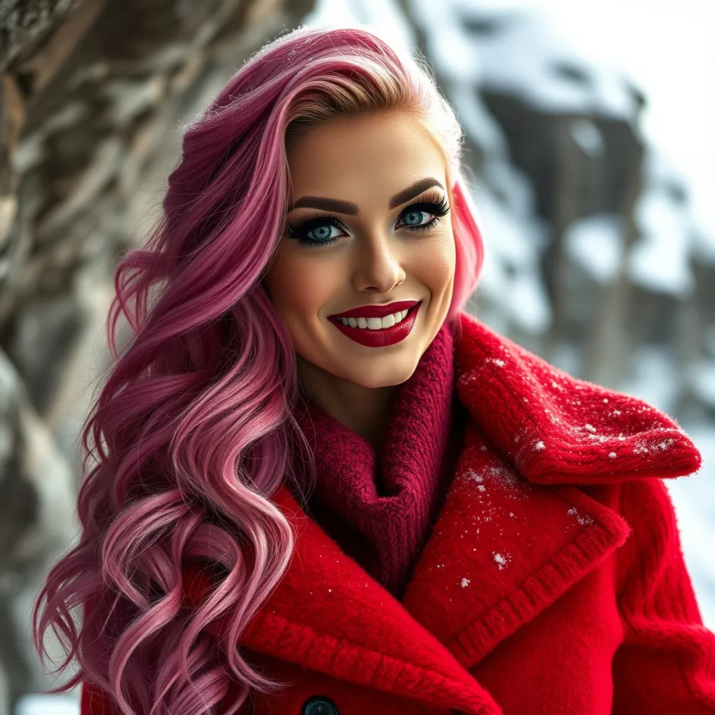 Prompt: professional portrait photograph of a gorgeous ultra-muscular 25-year-old Czechian drag queen bodybuilder in red winter clothing, long wavy stylish pink hair, flirty look, nice smile, dark eyeshadow, heavy mascara and dark red lipstick, wearing elegant warm winter fashion clothing, ((standing out side a frozen cave), hyper- realistic, detailed features, realistic lighting, high quality, realistic view,, elegant, realistic setting, professional, detailed, glamorous, actress, iconic, stunning modern urban environment, ultra realistic, concept art, elegant, highly detailed, intricate, sharp focus, depth of field, f/1. 8, 85mm, medium shot, mid shot, (((professionally color graded))), bright soft diffused light, (volumetric fog), trending on instagram, hdr 4k, 8k