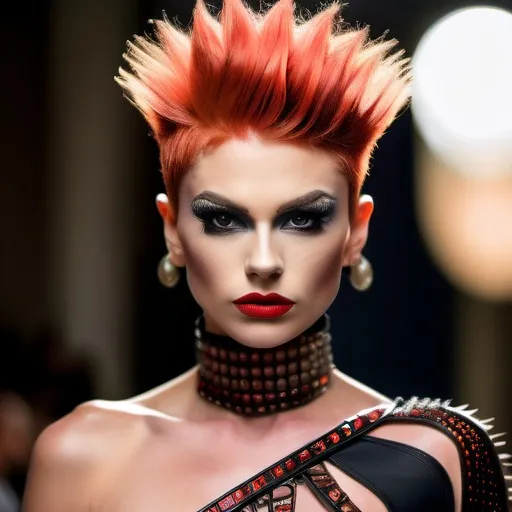 Prompt: Gorgeous ultra-muscular 25-year-old Czechian drag queen bodybuilder with crimson short spiky hair (Valentino look reimagined), (modern fashion), chic elegance, luxurious textures, avant-garde design, bold patterns, dynamic color palette, intricate details, soft lighting, high fashion runway atmosphere, stylish accessories, expertly tailored silhouettes, sophisticated ambiance, visually striking composition, 4K, ultra-detailed, hybrid of classic and contemporary styles.