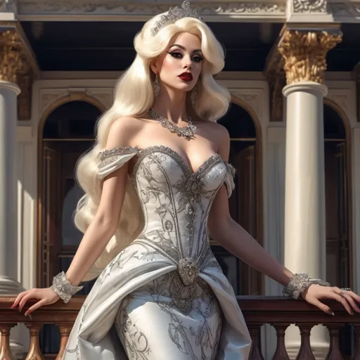 Prompt: A long, long time ago, on a sunny day, a stunningly beautiful drag queen princess (ultra detailed )with a graceful figure stood on the balcony of a grand palace. She was dressed in a gorgeous drag queen princess gown, gazing out at the scenery beyond.
fine detailed drawing, professional photo, HDR, UltraHD, a lot of details, pixel study, 3D, detail, photorealism, majestic, stunning, elegant, brillant, magnificent, effulgent, refulgent,
, lovely, epic, large busom, long platinum blonde hair, dark eyeshadow, dark lipstick, mystic, full body view, classical and warm lighting style and cinematic art, portrait view, close up view 

