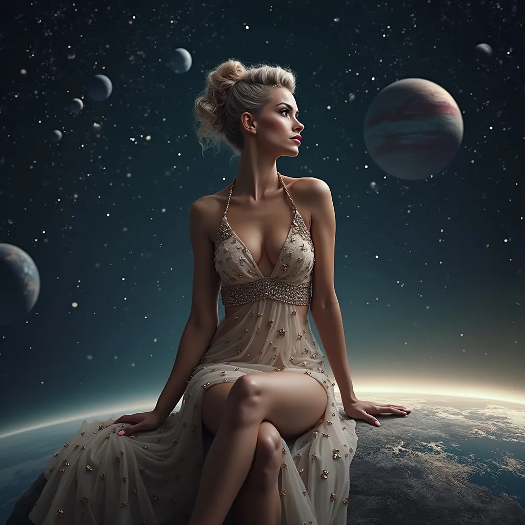 Prompt: Gorgeous muscular 35-year-old French drag queen Goddess with salt and pepper updo hair with stars in her eyes wearing a short flowing star covered halter top gown sitting on a planet looking out into space. Background is the solar system 
