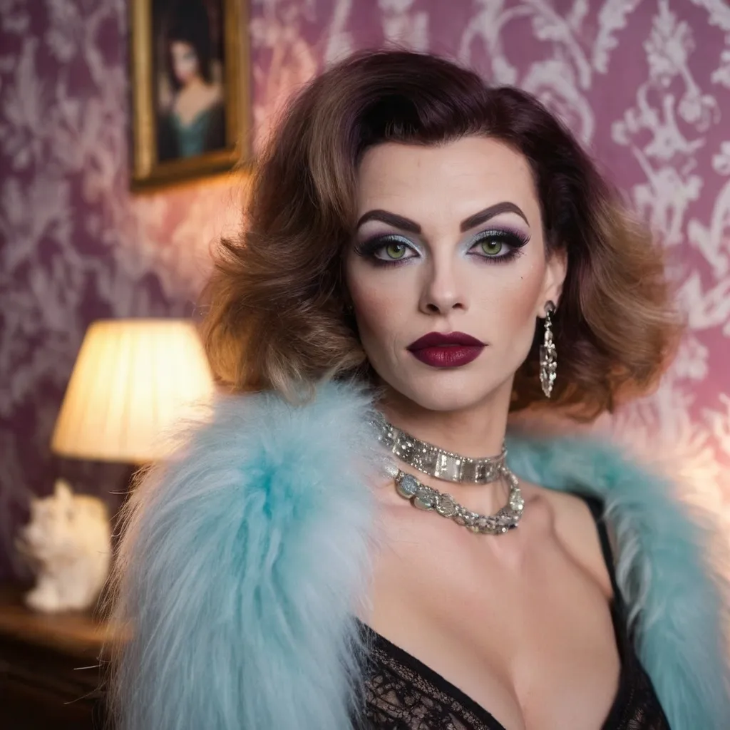 Prompt: Gorgeous muscular 35-year-old French drag queen with large busom and dark blonde hair, in a modern home, against a wall with wallpaper and furniture background, wearing long cable knitted angora mohair sweater , (extremely fluffy:1.8) angora mohair sweater, from side, looking at viewer, smile, (full lips:1.8), dark red lipstick, dark eyeliner, dark makeup, 8k, very detailed, green eyes, very detailed eyes,
source_real, raw, photo, amateur, french drag queen, Close-Set Eyes, [eyecolors violet], full lips, high cheekbones, weak receding chin, burgundy, lob, light blue, lip gloss, __15JeweleryMaterials__ __14Piercing__, large busom,  gorgerous, outdoor, portrait, , highly detailed, detailed skin, depth of field, film grain
(photorealistic) (bokeh) (intricate details) (cinematic lighting) (sharp focus)
