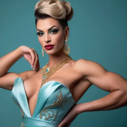 Prompt: Front view, half-body shot, portraiture of a beautiful stylish 25-year-old French drag queen bodybuilder (((with very strong masculine jawline and brow))), with big busom and long dark blonde updo hair style smiling sweetly, bright hazel colored eyes, professional dark eye make up and lipstick, dressed in laced Aqua satin evening dress, perfect muscular body, relax pose, jovial mode, luxurious gold accessories, warm romantic ambience, glittering romantic pendant chandeliers, bokeh effects, lens flare, intricate details, HDR, beautifully shot, hyperrealistic, sharp focus, 64 megapixels, perfect composition, high contrast, cinematic, atmospheric, moody, ISO400, shots made by professional Hassleblad professional lens, no errors at all