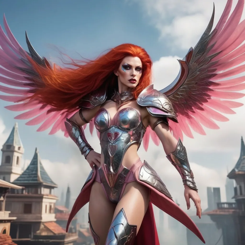 Prompt: A photorealistic image of a Gorgeous ultra-muscular 40-year-old drag queen Sky Elf fighter, a lithe and agile warrior with flowing bright red hair and iridescent pink wings, dark eye makeup and dark lipstick, in mid-battle amidst the floating islands of their sky city. The Sky Elf fighter, clad in sleek, shimmering armor that catches the light, wields dual blades with unmatched speed and precision. Their movements are a blur as they attack with the swiftness of the wind, the blades cutting through the air with ease. The scene captures the dynamic motion of combat, with the fighter executing a swift aerial maneuver, their wings catching a gust of wind that propels them forward. In the background, the floating city with its grand, airy architecture is partially shrouded in mist, giving a sense of otherworldly elevation. Art styles: photorealism, action, fantasy. Lighting: natural daylight, dynamic shadows. Camera: wide-angle action shot. Resolution: 8k, ultra-detailed.