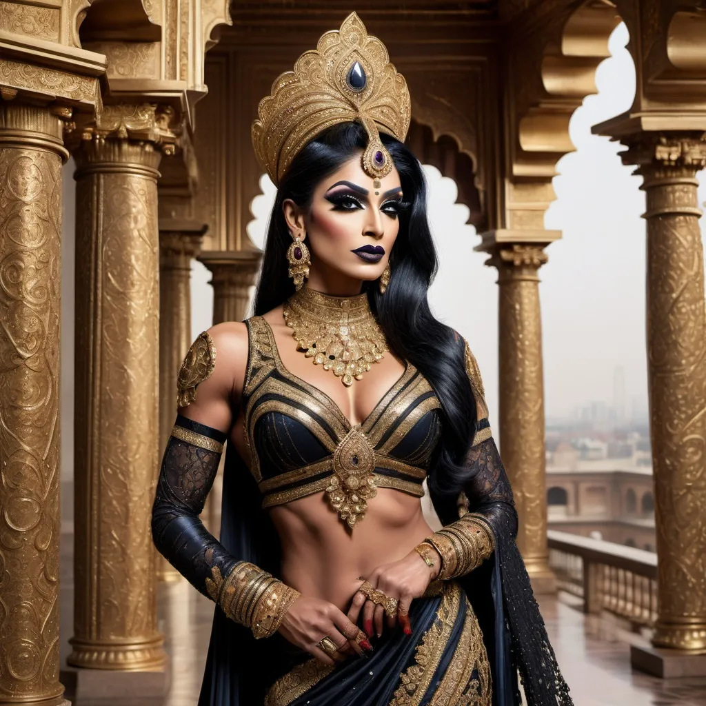 Prompt: A futuristic rendition of Indian royalty, where a gorgeous muscular 35-year-old Pakistani drag queen bodybuilder (dark eyeshadow,  dark lipstick,  heavy mascara) is dressed in a dazzling outfit featuring traditional Indian elements like rich silk, gold embroidery, and intricate jewelry, but with a high-tech twist. The palace is a blend of old and new, with ancient marble columns adorned with glowing circuit patterns, and holographic elephants walking through the palace courtyard. The scene is bathed in soft, ethereal light, creating a majestic atmosphere