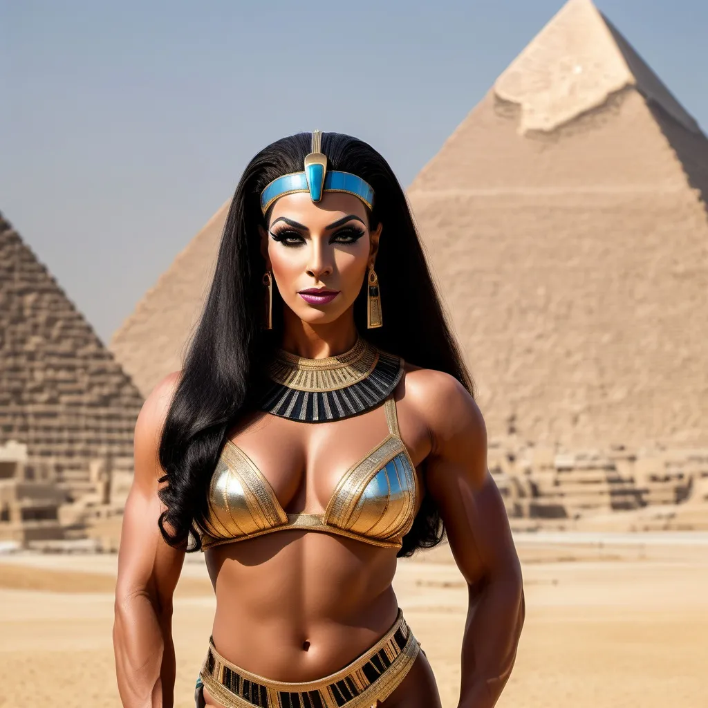 Prompt: A stunning portrait of gorgeous muscular 35-year-old Egyptian drag queen bodybuilder Cleopatra, the Queen of Egypt, depicted with regal elegance and beauty. Standing majestically before the Great Pyramids of Giza


