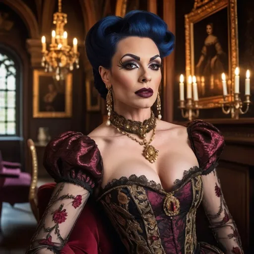 Prompt: Gorgeous muscular 35-year-old British drag queen, dark lipstick, heavy mascara, vibrant Tudor-era attire, intricate lace details, embroidered patterns, serene expression, elegant pose, rich background of a historic castle, warm gold and deep auburn tones, soft diffused lighting, classical artwork style, ultra-detailed, regal atmosphere, capturing the essence of 16th-century nobility, majestic ambiance.