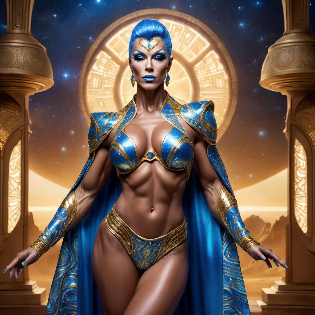 Prompt: The most beautiful drag queen bodybuilder on Alderaan wearing the traditional Alderaan dress.