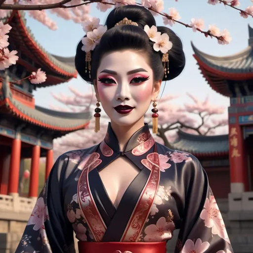 Prompt: (Chinese drag queen), elegant pose, delicate features, dark eyeshadow, dark lipstick, softly smiling expression, flowing traditional dress with intricate patterns, lush silk fabric, warm glowing light, serene atmosphere, cultural background elements such as cherry blossoms and ancient architecture, ultra-detailed, high quality, 4K resolution.