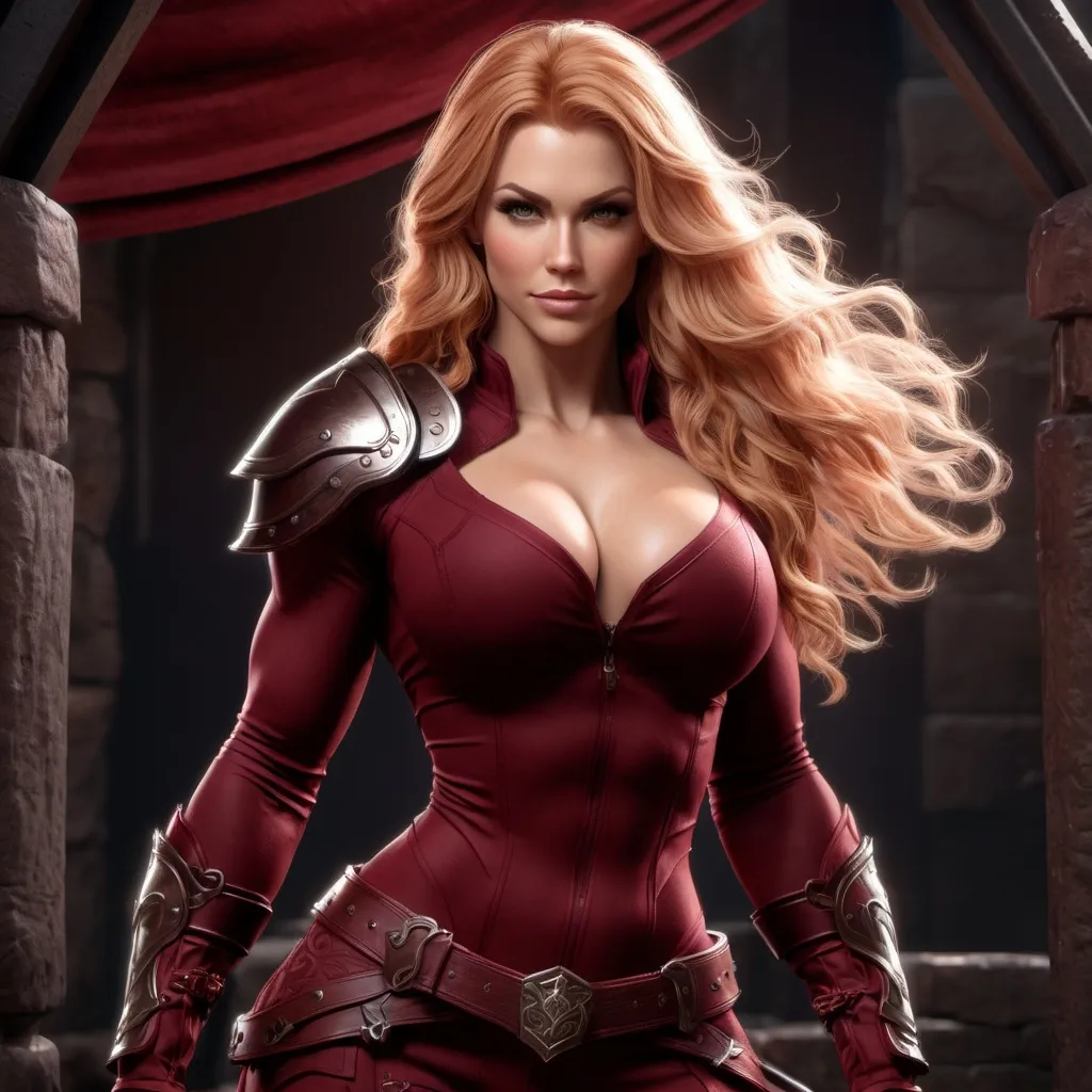 Prompt: Digital Art, gorgeous ultra-muscular 25-year-old viking goddess bodybuilder with huge busom and ridiculously long wavy strawberry-blonde hair, dark red gear, dark red clothes, subtle smile, dark red eyes, a dark red long-sleeve shirt, textured skirt down to knees, dark red pants, dark red armor, 8 inch stiletto high heel boots, dark red gear, unreal engine 64k octane, hdr, 3d lighting, full body, full armor