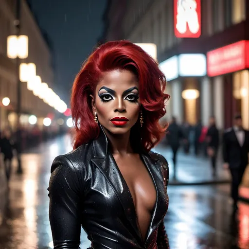 Prompt: Young black Michael Jackson dress as A hyper realistic flawless 25-year-old gorgeous Austrian drag queen bodybuilder with red hair walking the streets as a classy debutante on a dark and rainy night. Heavy eye makeup. Dark red lipstick.