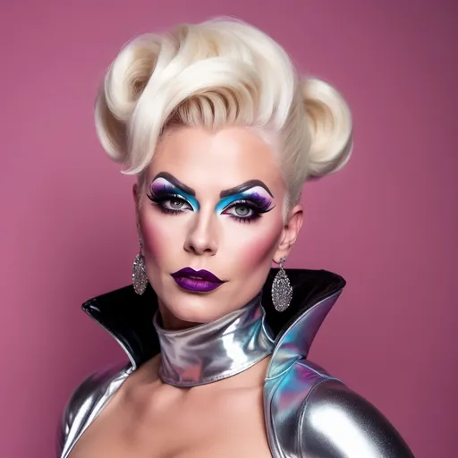 Prompt: A handsome man dressed up as The most beautiful muscular 35-year-old Finnish drag queen with stylish platinum blonde updo hair and large busom.  Wearing a sassy, cute, stylish, colorful party dress and 8 inch platform stiletto high heel knee-high boots.  Dark eyeshadow,  dark lipstick,  heavy mascara. 