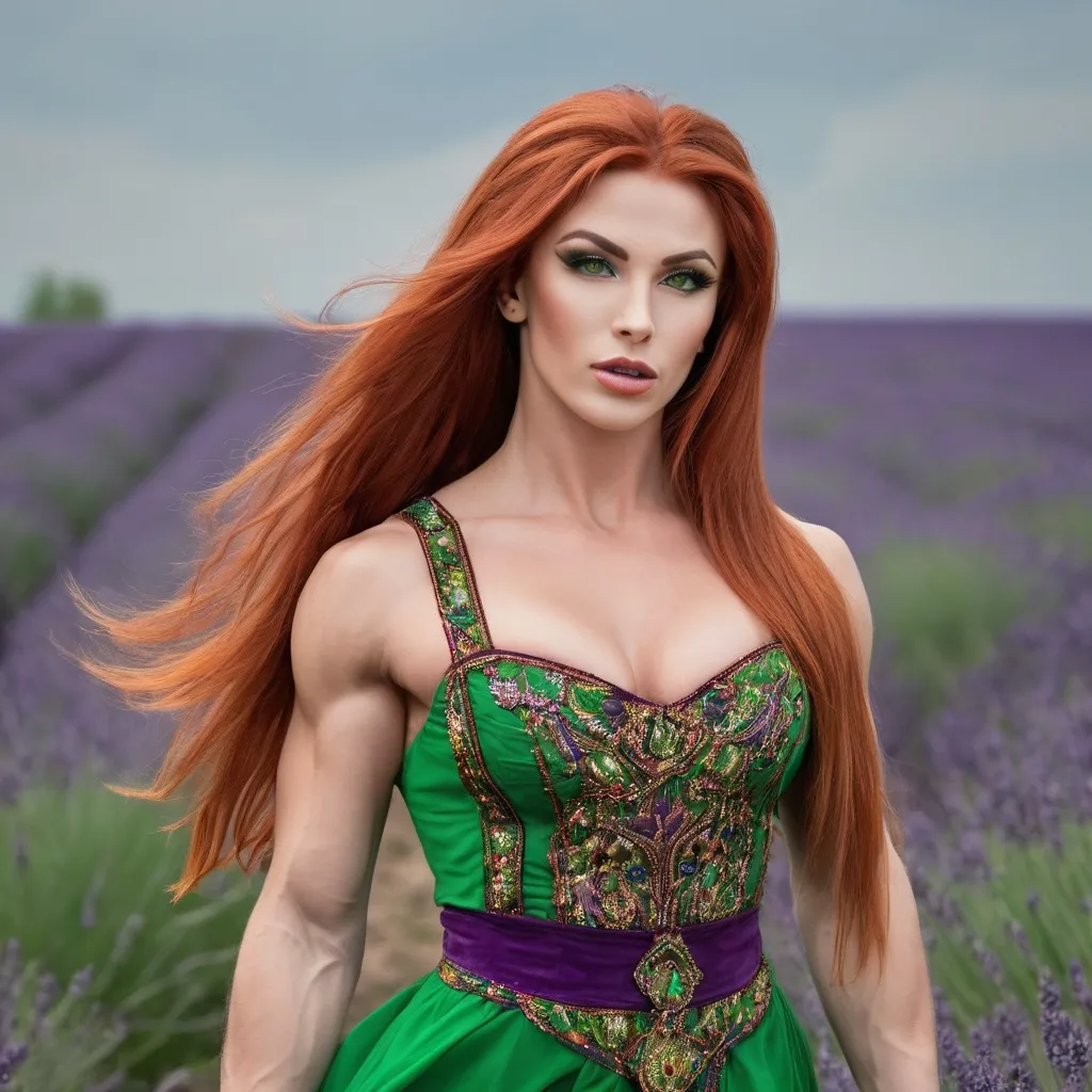 Prompt: Generate gorgeous muscular 25-year-old Ukrainian drag bodybuilder (very strong masculine jawline and brow features) with big busom, long wavy bright red hair and green eyes, she is dressed in traditional Ukrainian dress and 6 inch stiletto heels, dark eyeshadowand dark liostick, she is running thru the lavanda field, her arms are up to the sun , she is smile and her face is shine with positive mood and talking phone