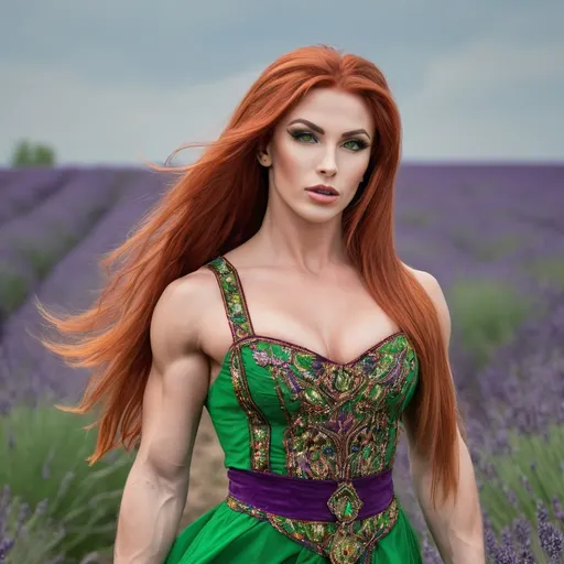 Prompt: Generate gorgeous muscular 25-year-old Ukrainian drag bodybuilder (very strong masculine jawline and brow features) with big busom, long wavy bright red hair and green eyes, she is dressed in traditional Ukrainian dress and 6 inch stiletto heels, dark eyeshadowand dark liostick, she is running thru the lavanda field, her arms are up to the sun , she is smile and her face is shine with positive mood and talking phone