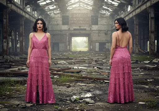 Prompt: Full shot of a 35-year-old Japanese drag queen, with dark eyeshadow,  heavy mascara, and burgundy lipstick, stands at the center of an expansive, dilapidated industrial space, facing the camera. She showcases a stunning pink dress from both front and back. The vibrant garment features intricate fringe detailing that cascades gracefully, drawing the eye to its playful movement. A deep neckline and an open back highlight elegance and glamour, while delicate thin straps enhance the dress’s refined aesthetic. She pairs the dress with 6 inch stiletto thigh-high lace-up high heel boots, adding a bold, edgy contrast to the shimmering elegance of the outfit.
The industrial background sprawls around her, littered with debris—broken wooden planks, scraps of metal, and shards of glass that speak to years of neglect. The ground, a murky mix of dirt and stagnant water, reflects patches of dim light as the early morning sun filters through the hazy air, casting a muted glow on the crumbling structures. Weeds and wild grass push through cracks, reclaiming the space with defiant greenery, while rusted remnants loom in the misted distance. The haunting stillness of the scene contrasts with the vibrancy and movement of her outfit, creating a striking narrative of elegance amidst decay. Her confident pose and poised expression bring the ensemble to life, emphasizing its dynamic charm from every angle.