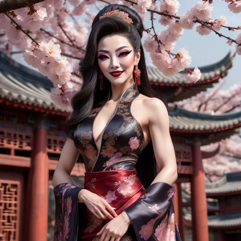 Prompt: (Chinese drag queen bodybuilder), elegant pose, delicate features, dark eyeshadow, dark lipstick, softly smiling expression, flowing traditional dress with intricate patterns, lush silk fabric, warm glowing light, serene atmosphere, cultural background elements such as cherry blossoms and ancient architecture, ultra-detailed, high quality, 4K resolution.