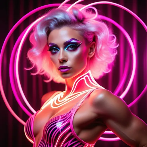 Prompt: An illuminated gorgeous muscular 25-year-old Czechian drag queen glass dancer glowing from within, glowing streaks of neon pink lasers spiraling around her