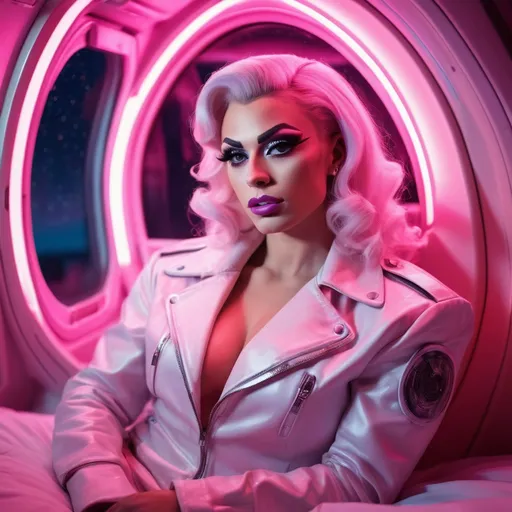 Prompt: Gorgeous nostalgic 25-year-old caucasian Polish drag queen (very strong masculine jawline and brow features) with big busom inside a spaceship, in light clothes, sitting in bed under pink neon lights, looking to the stars through the window