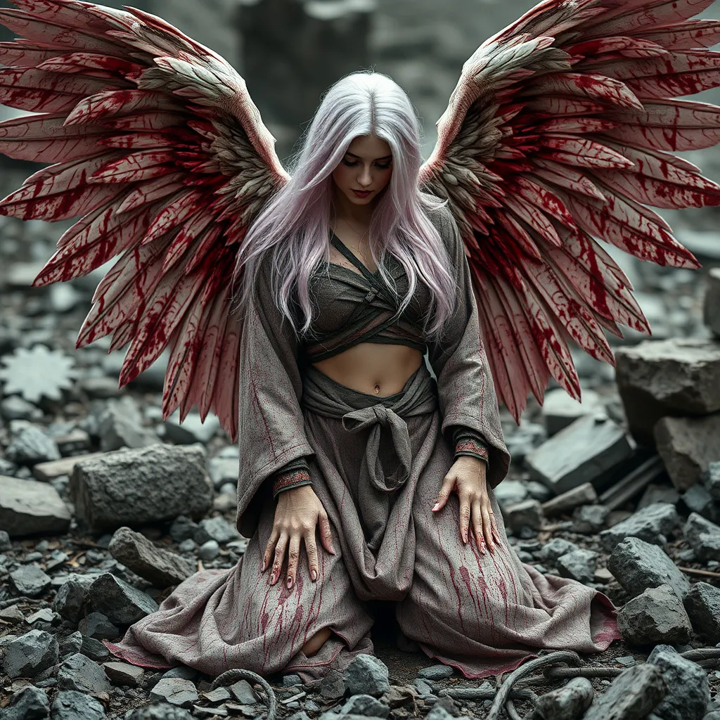 Prompt: Gorgeous ultra-muscular 25-year-old Finnish angel with huge busom and ridiculously long flowing platinum pink hair, wrapped dirty robes covered in blood, large broken, bloody wings, on her knees in the middle of rubble.