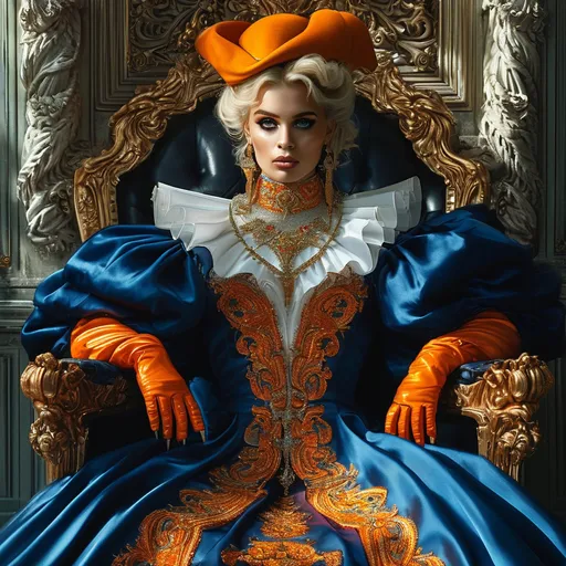 Prompt: Portrait of a gorgeous 25-year-old Swedish drag queen bodybuilder, sitting regally on an ornate throne, (elegant embroidery on a flowing teal dress), striking contrast with (orange hat and gloves), surrounded by intricate gothic decor, (dynamic lighting casts dramatic shadows), exhibiting intense eyes, possessing long claws. Atmosphere is (mysterious) and (elegant), offering an (overdetailed anime style) in stunning (4K HD resolution). A true masterpiece of (animation series art).