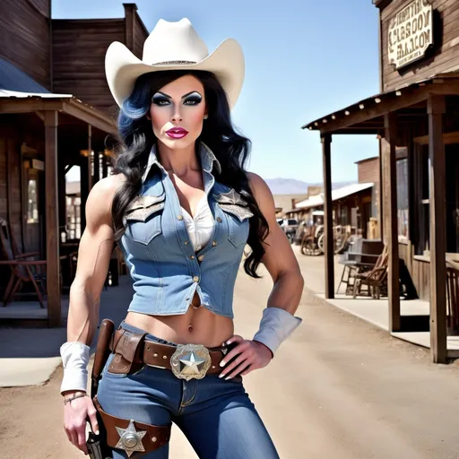 Prompt: Gorgeous muscular 25-year-old drag queen old-west sheriff, (blue eyes), (dark hair), (white hat), (chambray shirt), (suede vest), (star shaped silver badge), (jeans), (8 inch stiletto high heel cowboy boots), (gun belt with holstered silver Colt revolver), walking into a (crowded, dirty saloon), (cinematic atmosphere), (tense mood), (filtered light filtering through dust), (highly detailed), (8K resolution), (photorealistic quality), (dramatic shadows).