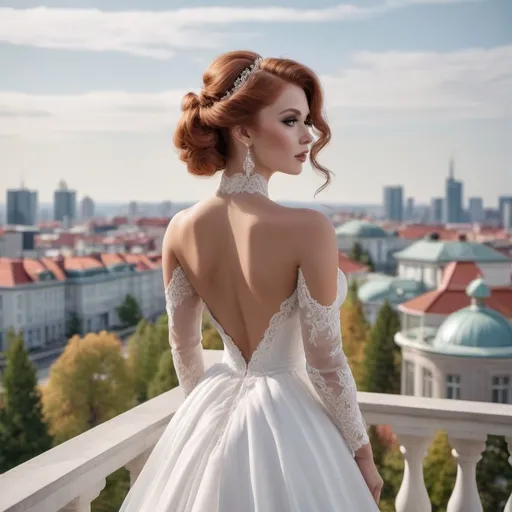 Prompt: Gorgeous 25-year-old Finnish goddess body builder with long wavy scarlet updo hair wearing an elegant modest white wedding dress, standing on the balcony of her luxurious mansion overlooking the city skyline. She has soft makeup and hair styled into loose waves with bangs. The gown features delicate lace detailing along its bodice and halter neckline, complemented by sheer sleeves that accentuate her figure's curves. Her pose is confident yet graceful as she gazes out at the horizon, embodying grace and elegance in timeless beauty in the style of a classic painting