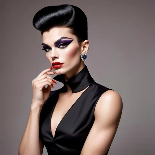 Prompt: Gorgeous muscular 25-year-old Czechian drag queen (strong masculine jawline and brow), Prada 1950s style elegant silhouette, classic tailored look, vibrant colors, rich textures, polished accessories, soft lighting, nostalgic ambiance, high-quality detail, reminiscent of mid-century fashion photography, chic black hairstyle, playful patterns, stylish footwear, retro elegance