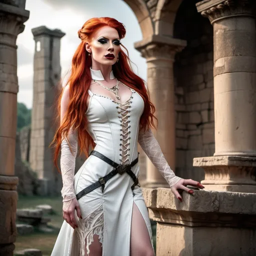 Prompt: realistc, Full body, (Hot red-headed drag queen mistress), long braided red hair, gorgeous strong face (strong masculine jawline and brow features), long white leather medieval fantasy dress, with straps and lace, stunning high heels, dominant stance, looking over shoulder, set between ancient ruins, magical spells in the air