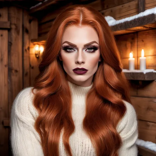 Prompt: Extremely beautiful, muscular 25-year-old Russian drag queen, detailed extremely long ginger hair, flawless skin, dark eye makeup, dark lipstick, detailed eyes, natural beauty, strong masculine jawline, form-fitting seasonal sweater, cozy modern log cabin interior background, winter season, realistic professional photography, high quality, detailed, realistic, cozy, ginger, long hair, flawless skin, candid moment, modern log cabin, seasonal sweater, detailed eyes, natural beauty, professional photography, winter season, cozy lighting