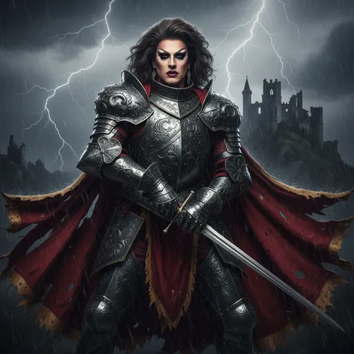 Prompt: A gorgeous, muscular 35-year-old British drag queen (medieval knight), (black armor), gripping sword in hand, fierce expression (strong masculine jawline and brow features), dramatic pose, intricate armor details, dark and moody color palette, dark eyeshadow and dark red lipstick, cinematic lighting, highly detailed, stormy background, strong and powerful presence, evokes a sense of bravery and strength, captivating and intense atmosphere, ultra-detailed, 4K resolution, ready for battle. Full body view