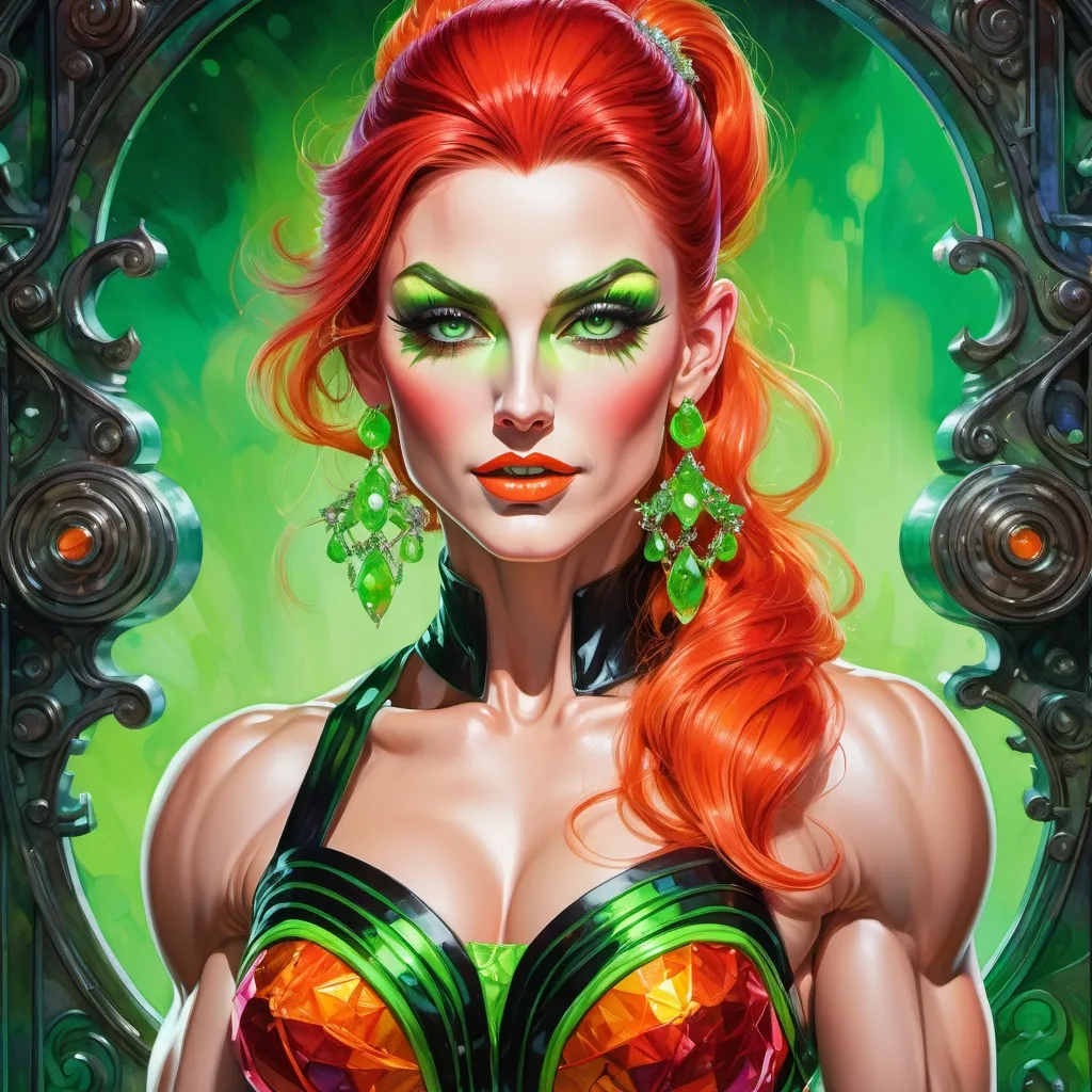 Prompt: Gorgeous ultra-muscular 25-year-old caucasian Czechian drag queen bodybuilder, dark red hair pinned up, neon green, neon orange, black dress, earrings, Watercolor, trending on artstation, sharp focus, studio photo, intricate details, highly detailed, by  Josephine Wall and Jasmine Becket-Griffith