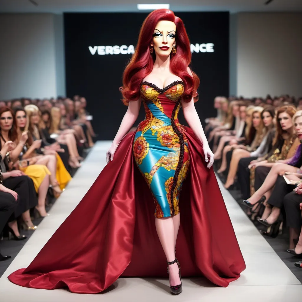 Prompt: Homer Simpson dressed in drag with very long dark red wavy hair, wearing a multi-colored Versace gown, dark eyeshadow,  mascara, drak red lipstick,  and 8 inch stiletto high heel shoes,  walking the catwalk at a fashion show.