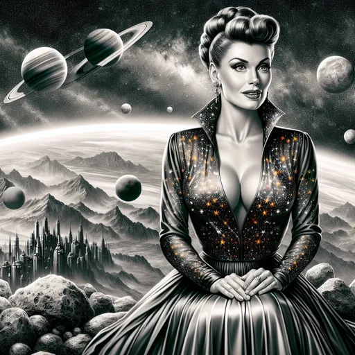 Prompt: Gorgeous muscular 45 year old Goddess with a huge busom, salt and pepper updo hair wearing a short flowing star covered gown sitting on a planet looking out into space. Background is the solar system 