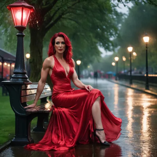 Prompt: A mesmerizing digital photograph of a gorgeous, tall, muscular 35-year-old British transwoman in a flowing red silk dress, seated on a wet bench beneath a dim, old street lamp in a rain-soaked park. With an air of mystique, she gracefully dances, its rich tones resonating through the damp air. The atmosphere is both enchanting and melancholic, with the rain-drenched landscape enhancing the emotional intensity of the scene.