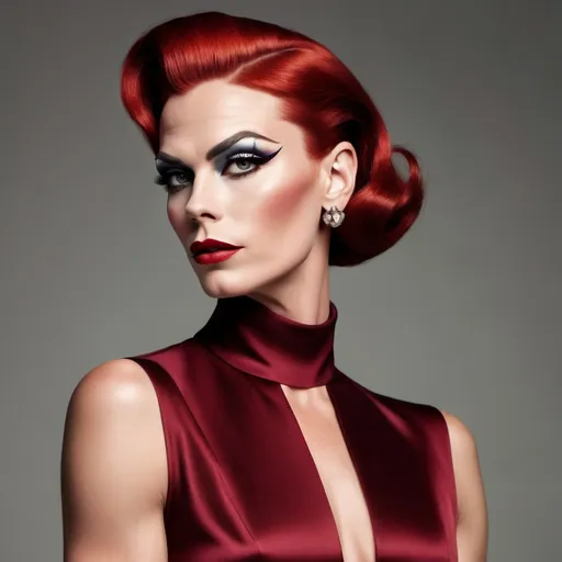 Prompt: Gorgeous muscular 35-year-old Danish drag queen (strong masculine jawline and brow), Prada 1950s style elegant silhouette, classic tailored look, vibrant colors, rich textures, polished accessories, soft lighting, nostalgic ambiance, high-quality detail, reminiscent of mid-century fashion photography, chic dark red hairstyle, playful patterns, stylish footwear, retro elegance