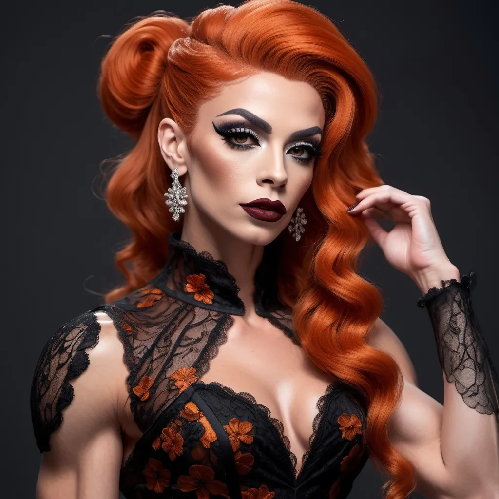 Prompt: Gorgeous ultra-muscular 25-year-old French drag queen bodybuilder with long dark orange updo hair, dark eye makeup, dark lipstick, Elegant full lace dress , flowery lace , crimson , calf length , 8 inch stiletto high heel shoes,  realistic,  full body