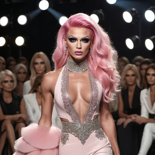 Prompt: Gorgeous statuesque 25-year-old Russian drag queen bodybuilder runway model with pink hair walking the catwalk at a fashion show.