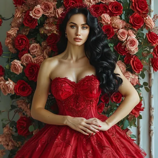 Prompt: Gorgeous ultra-muscular 25-year-old Polish female goddess bodybuilder with a huge busom, long shiny black hair, wearing Elegant full lace dress , flowery lace , crimson , calf length , 8 inch stiletto high heel shoes,  realistic, full body 