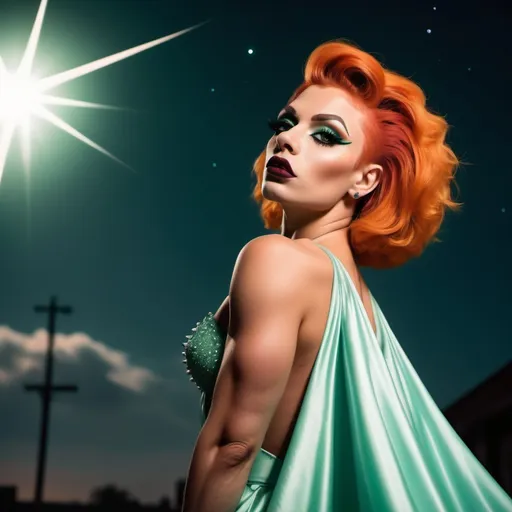 Prompt: Gorgeous ultra-muscular 25-year-old Czechian drag queen bodybuilder with short spiked swept Orange hair wearing a mint green flowy gown, dark eye shadow, heavy mascara, and dark red lipstick, staring at the stars in the sky and feeling content.