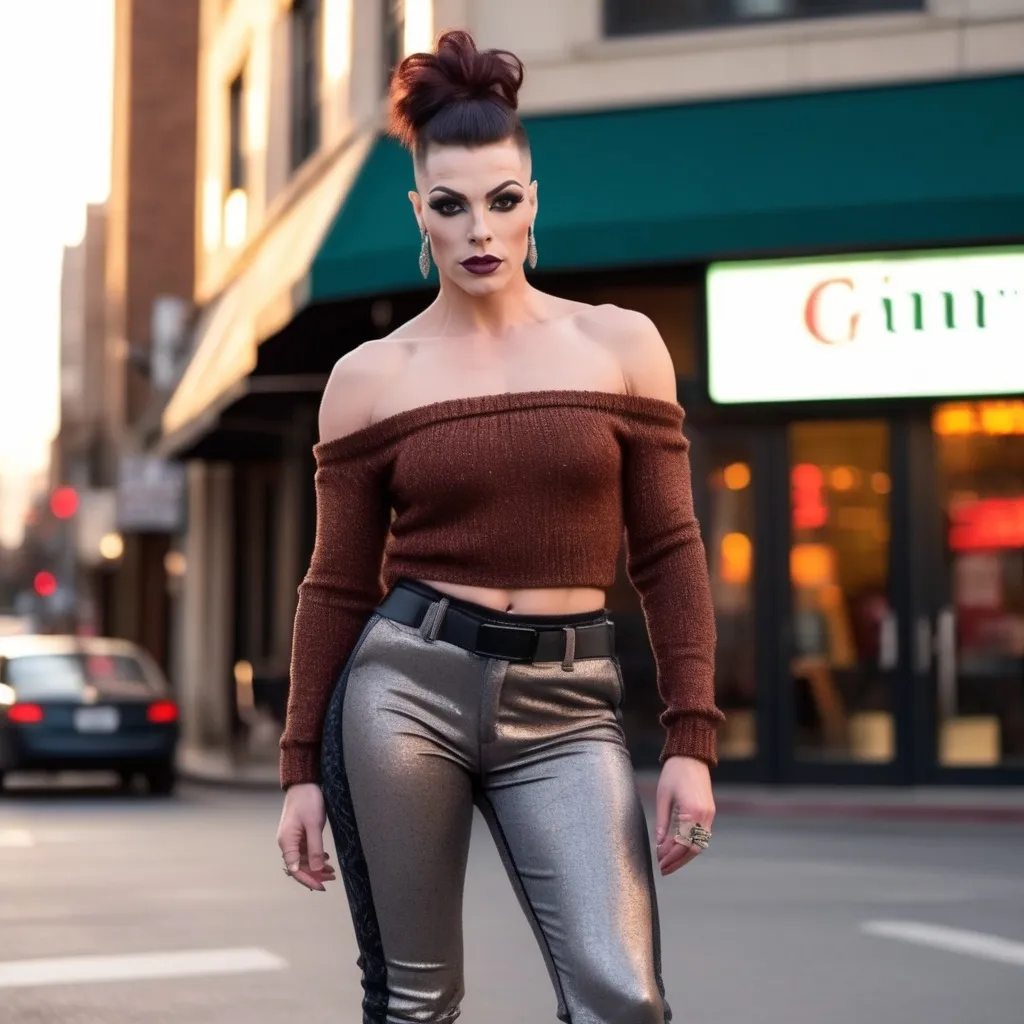 Prompt: Front view of an 25-year-old, muscular, gorgeous French drag queen bodybuilder (very strong masculine jawline and brow features) wearing capri pants, off the shoulder sweater, and 8 inch stiletto high heel ankle boots. Hanging out downtown at sunset.