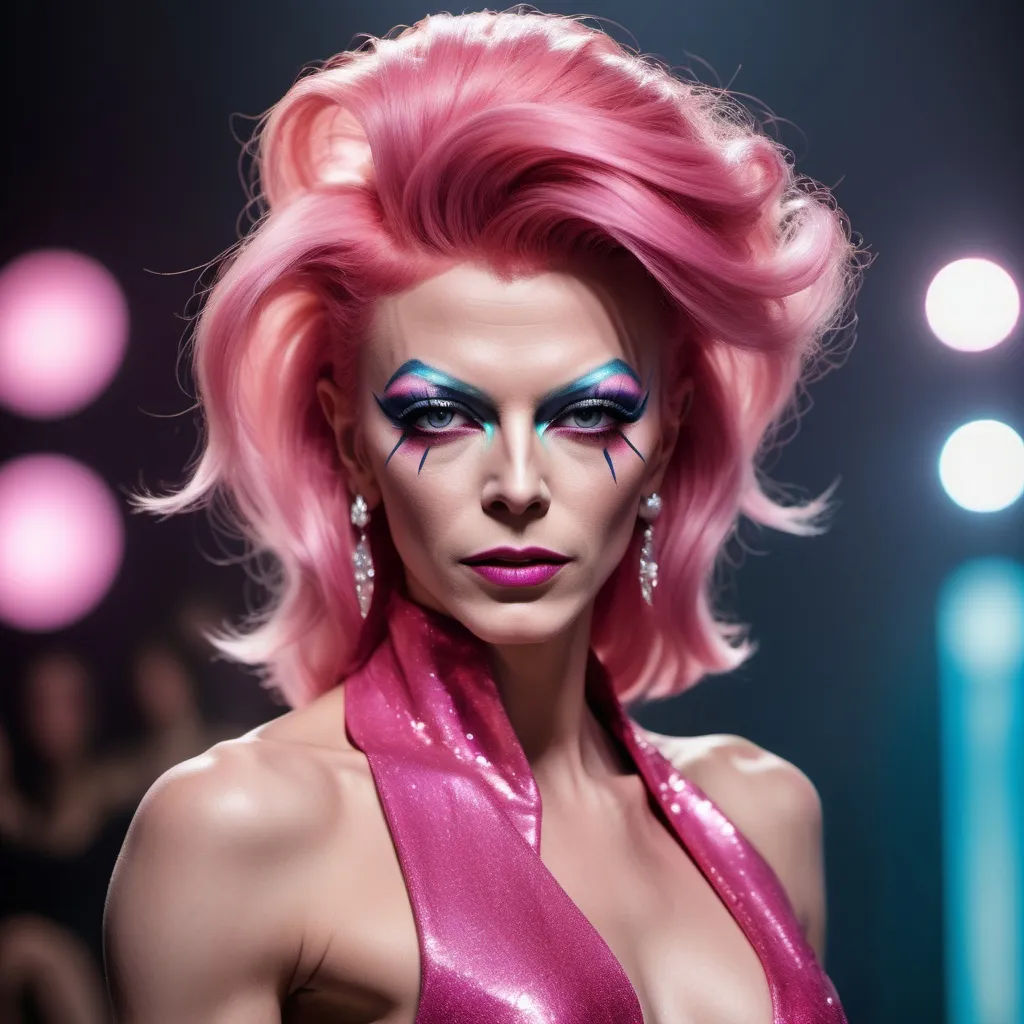 Prompt: A young David Bowie dressed up as a Gorgeous statuesque 25-year-old Russian drag queen bodybuilder runway model with pink hair walking the catwalk at a fashion show.