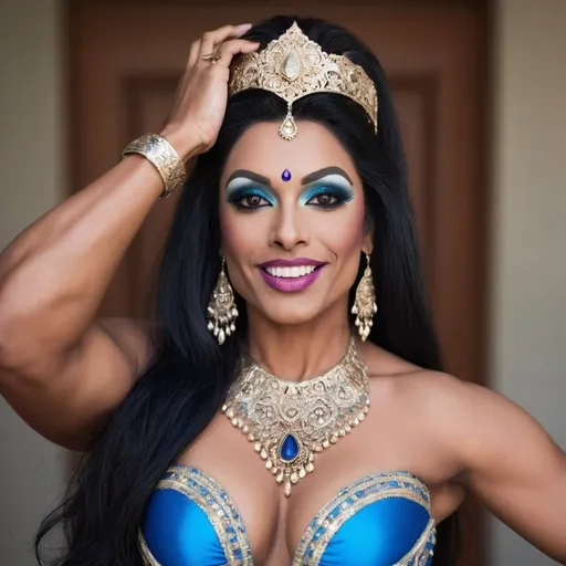 Prompt: A gorgeous muscular 25-year-old Indian British drag queen bodybuilder with large busum and a stunning and confident appearance. She has a radiant smile on her face, exuding charm and positivity. Her attire is a traditional outfit in a vibrant blue color, richly detailed with intricate embroidery and embellishments. Her long, silky black hair cascades down her back, framing her beautiful face. Her large, expressive eyes, adorned with subtle makeup, draw attention with their mesmerizing depth. Her sharp, clear masculine facial features are illuminated in soft, flattering light, showcasing every detail with clarity. Her well-toned, graceful physique resembles that of a goddess, reflecting both strength and elegance. The background is softly blurred to emphasize her presence and create a captivating focus on her beauty and aura