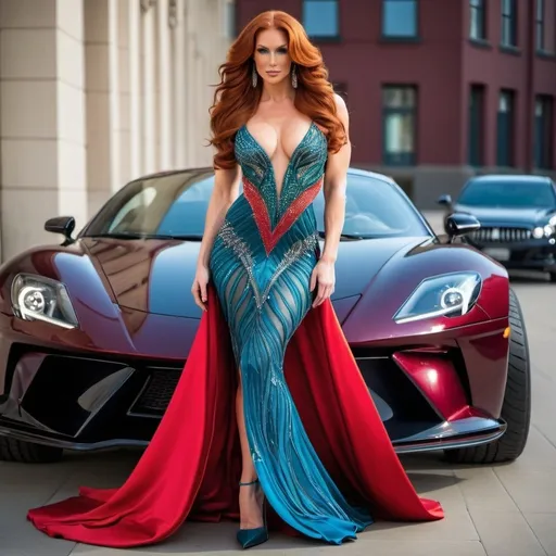 Prompt: Gorgeous ultra-muscular 25-year-old Finnish goddess with huge busom and ridiculously long wavy dark red hair, wearing a gorgeous Bob Mackie designed flamboyant dress and 8 inch stiletto high heel shoes 
