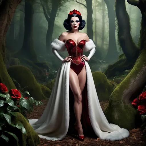 Prompt: If Snow White was a gorgeous supermodel drag queen (full length photo) with long muscular legs and a very muscular physique