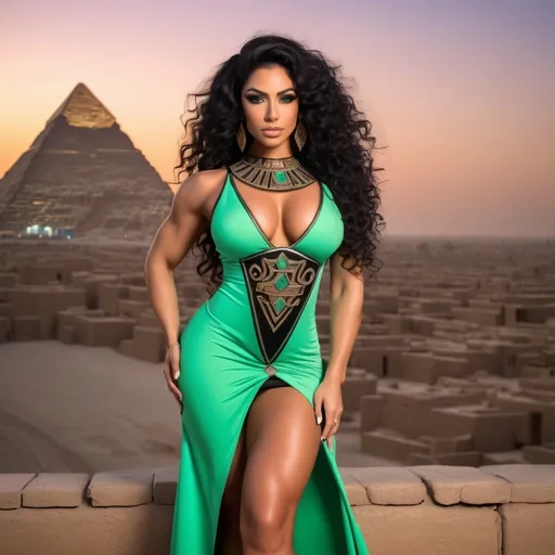 Prompt: Gorgeous ultra-muscular 25-year-old Egyptian goddess bodybuilder with huge busom, light green eyes lined with kohl, ridiculously long curly black hair, wearing a wearing a sheath dress with the hieroglyphic sign of the throne and 8 inch stiletto high heel shoes, pyramids in the background at dusk.