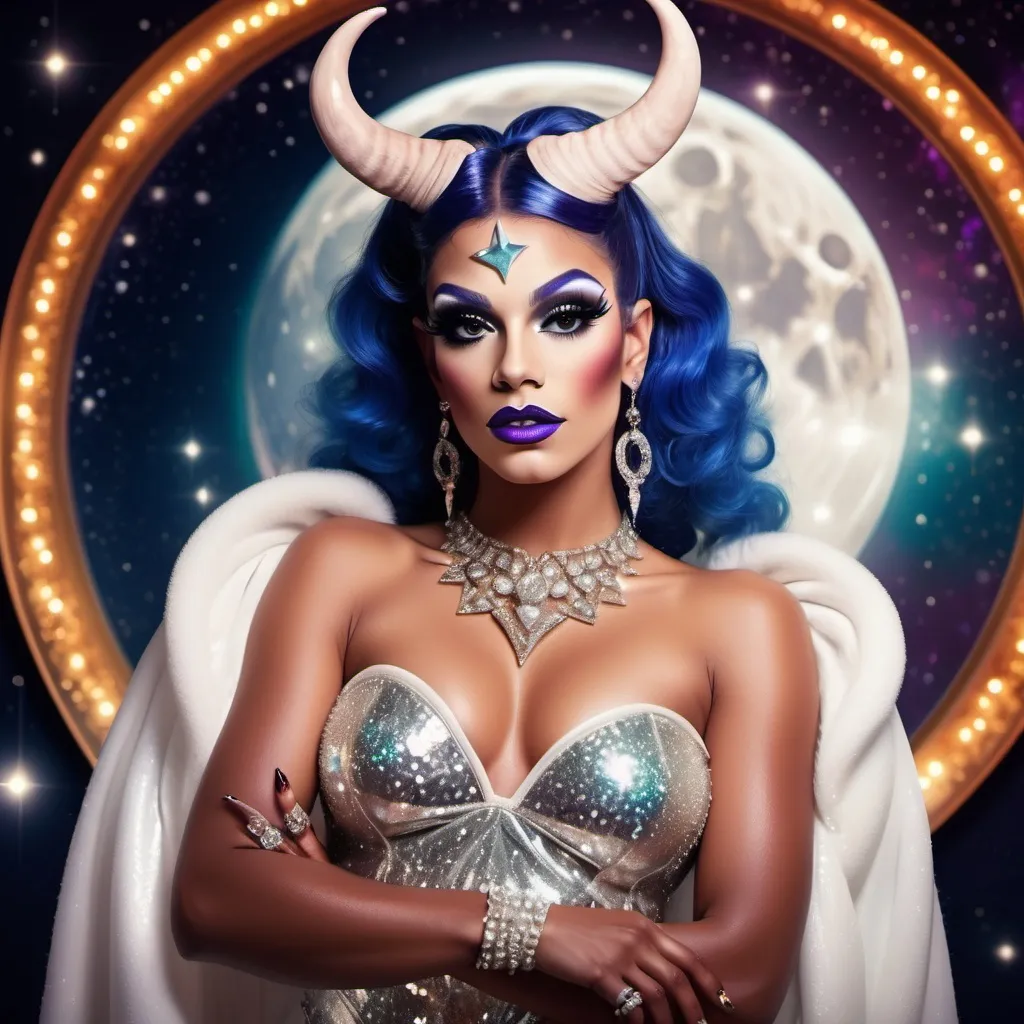 Prompt: Astrology Sign Taurus the gorgeous 25-year-old drag queen Goddess, with her arms crossed,  the Moon in the background